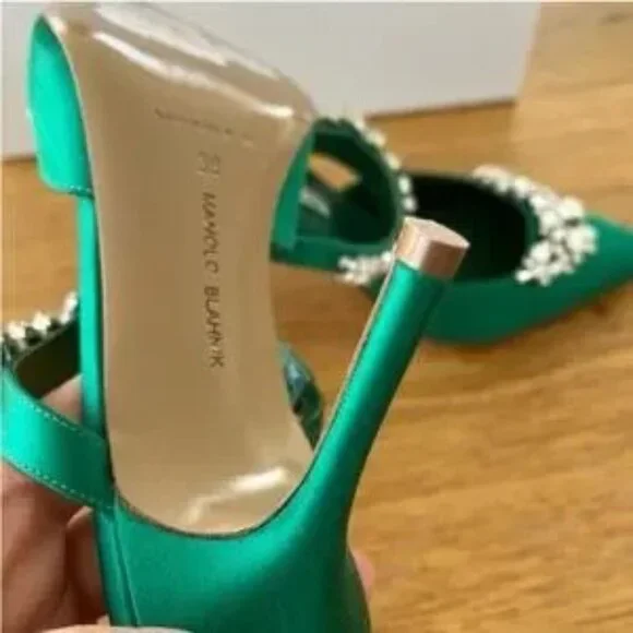 Manolo Blahnik Green Satin Embellished Heels/Mules - Picture 5 of 7